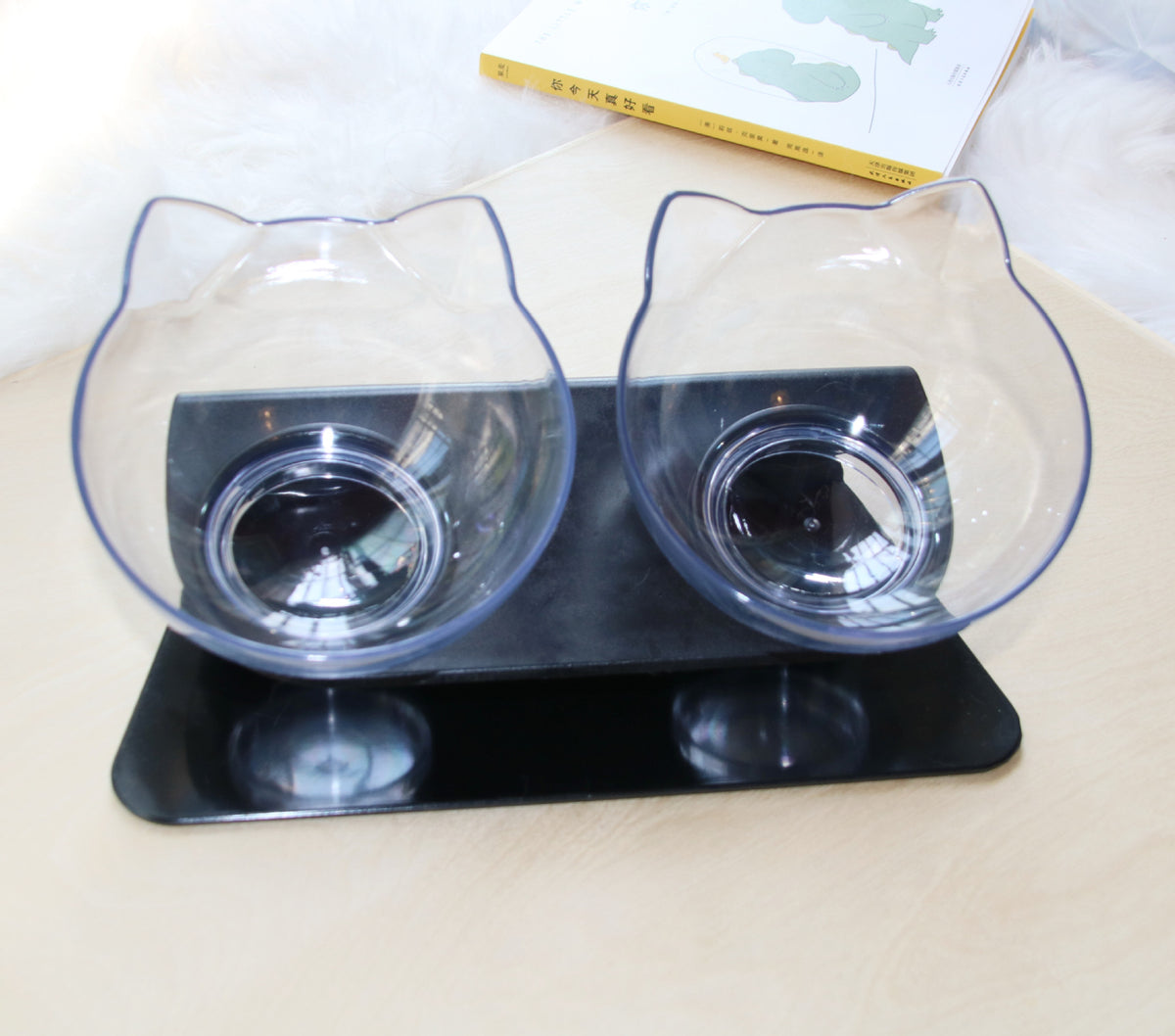 Cat Head Tilted Double Bowl - Double transparent black base