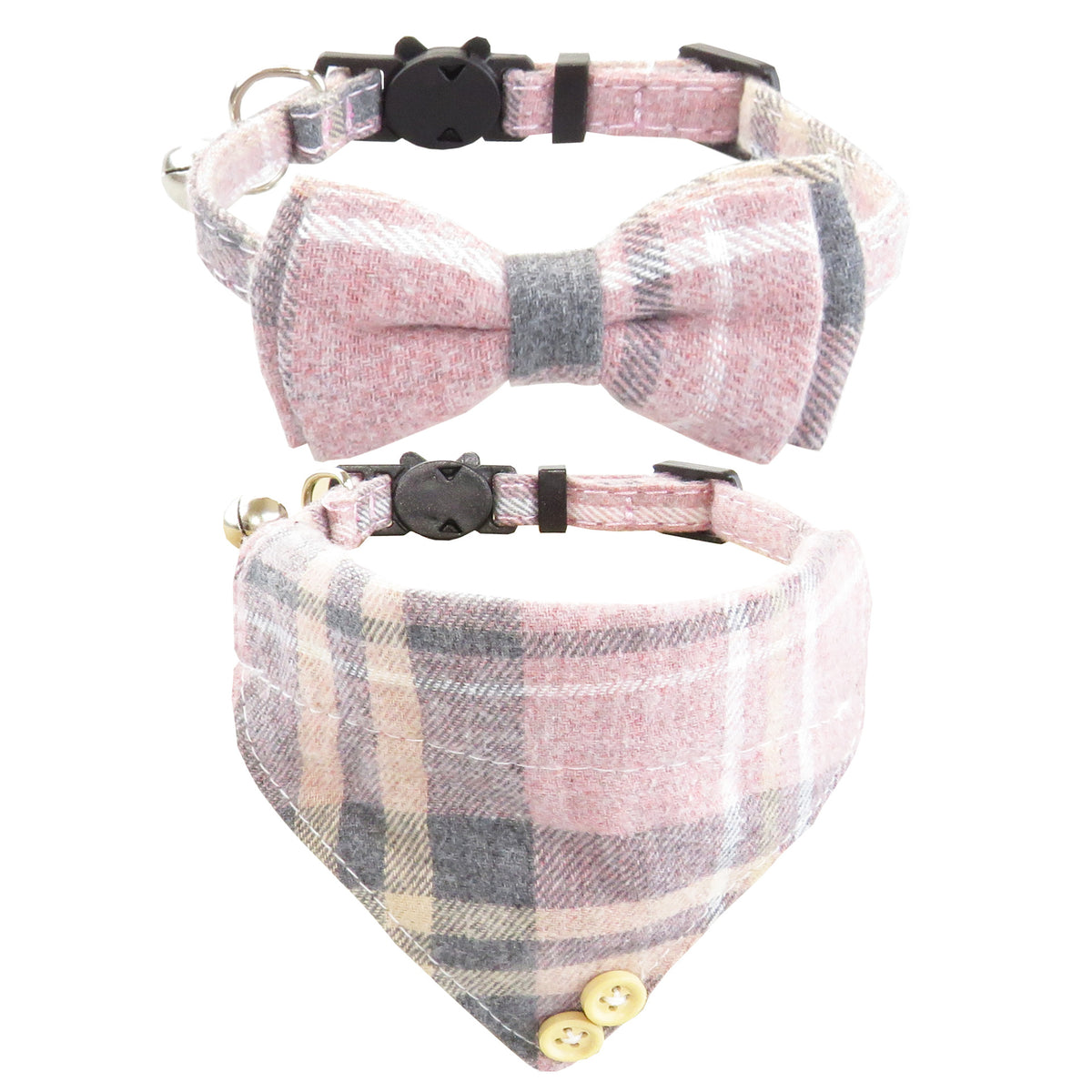Plaid Cat Collar with Bow Tie or Bandana - Pink / Bow tie + bandana