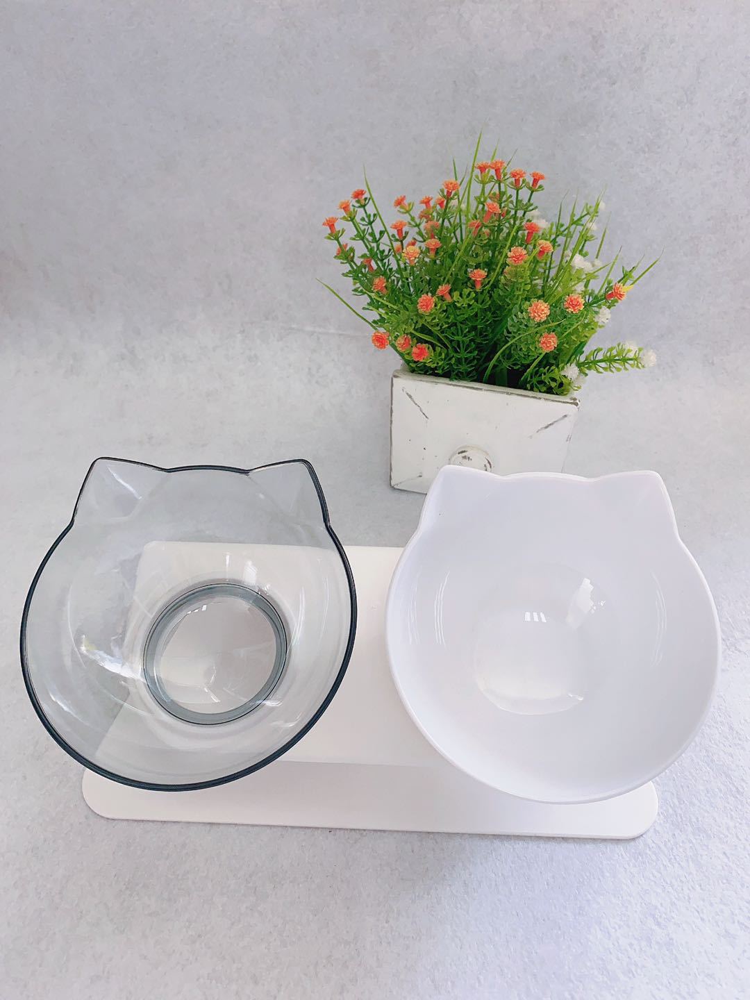 Cat Head Tilted Double Bowl - Transparent white