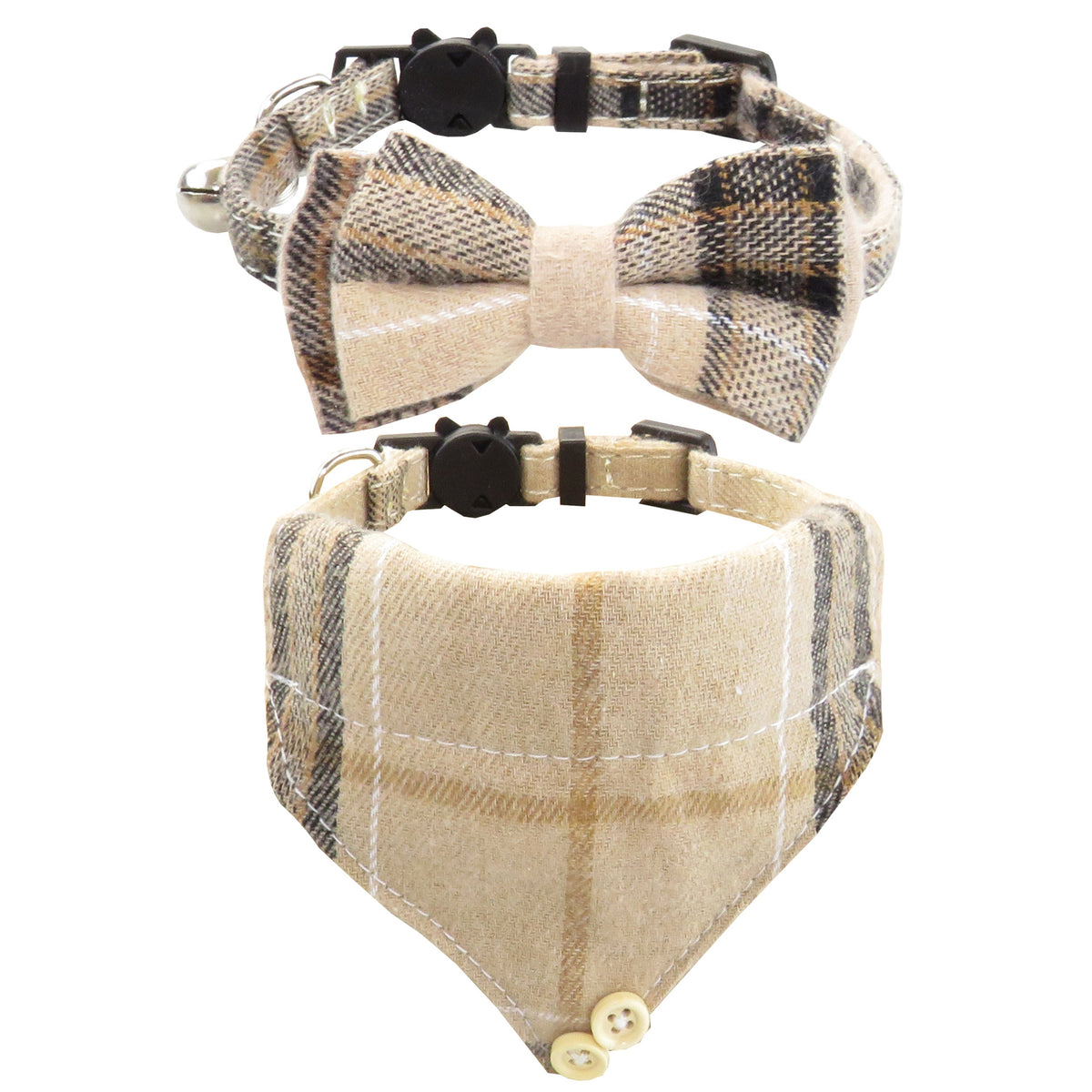 Plaid Cat Collar with Bow Tie or Bandana - Brown / Bow tie + bandana