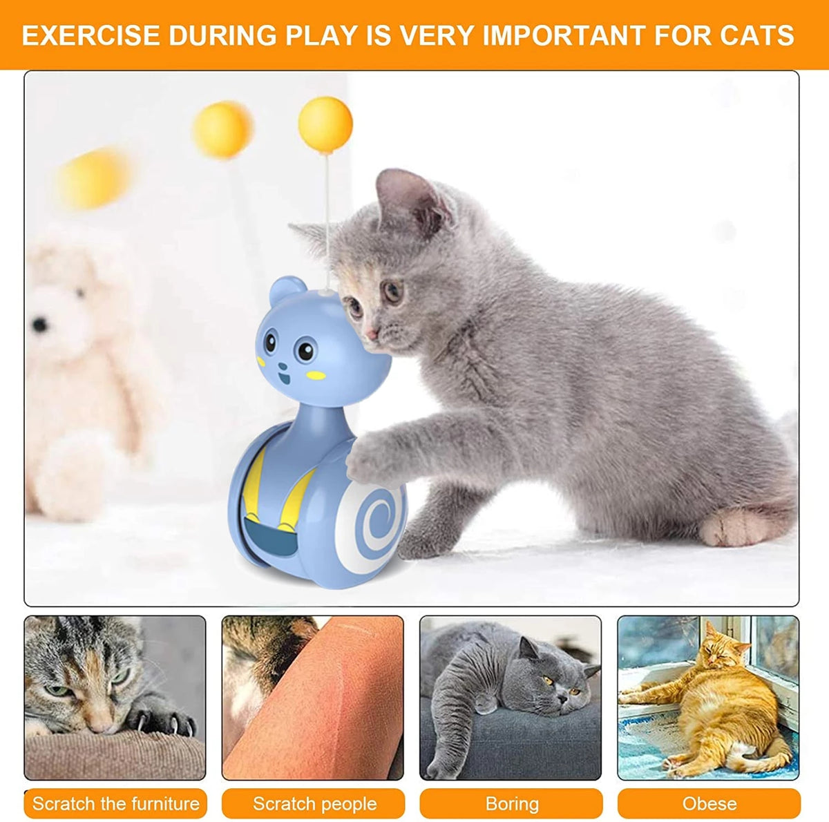 Wobbling Tumbler Cat Toy with Feather or Ball