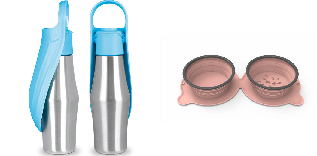 Stainless Steel Dog Water Bottle with Leaf Bowl - Set11