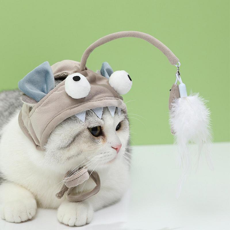 Head-Worn Feather Teaser Hat for Cats