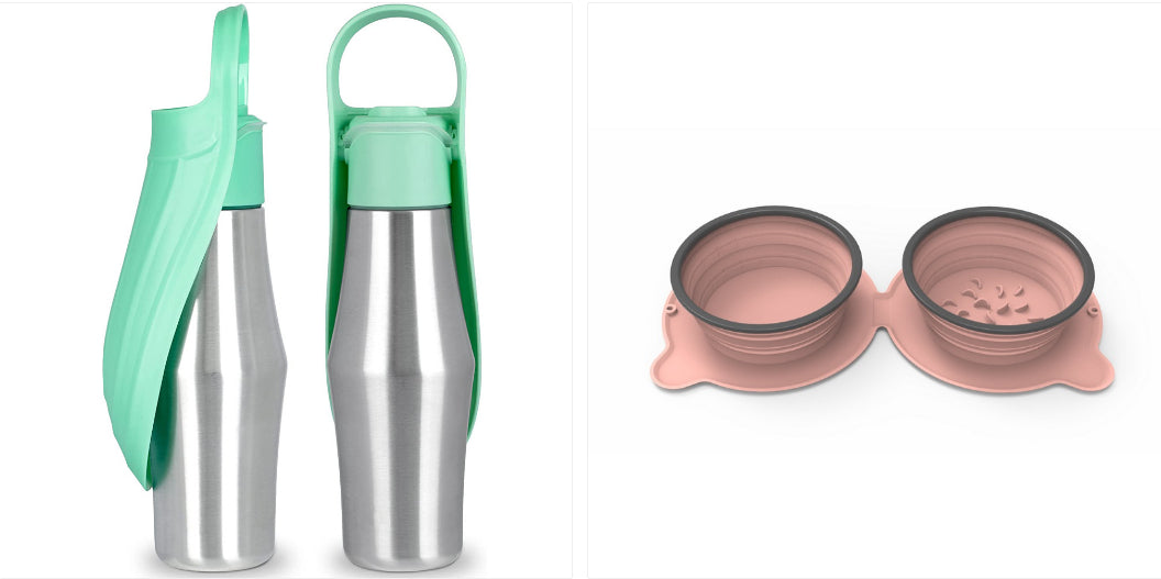 Stainless Steel Dog Water Bottle with Leaf Bowl - Set6