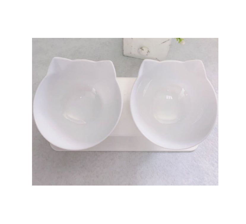 Cat Head Tilted Double Bowl - Two white