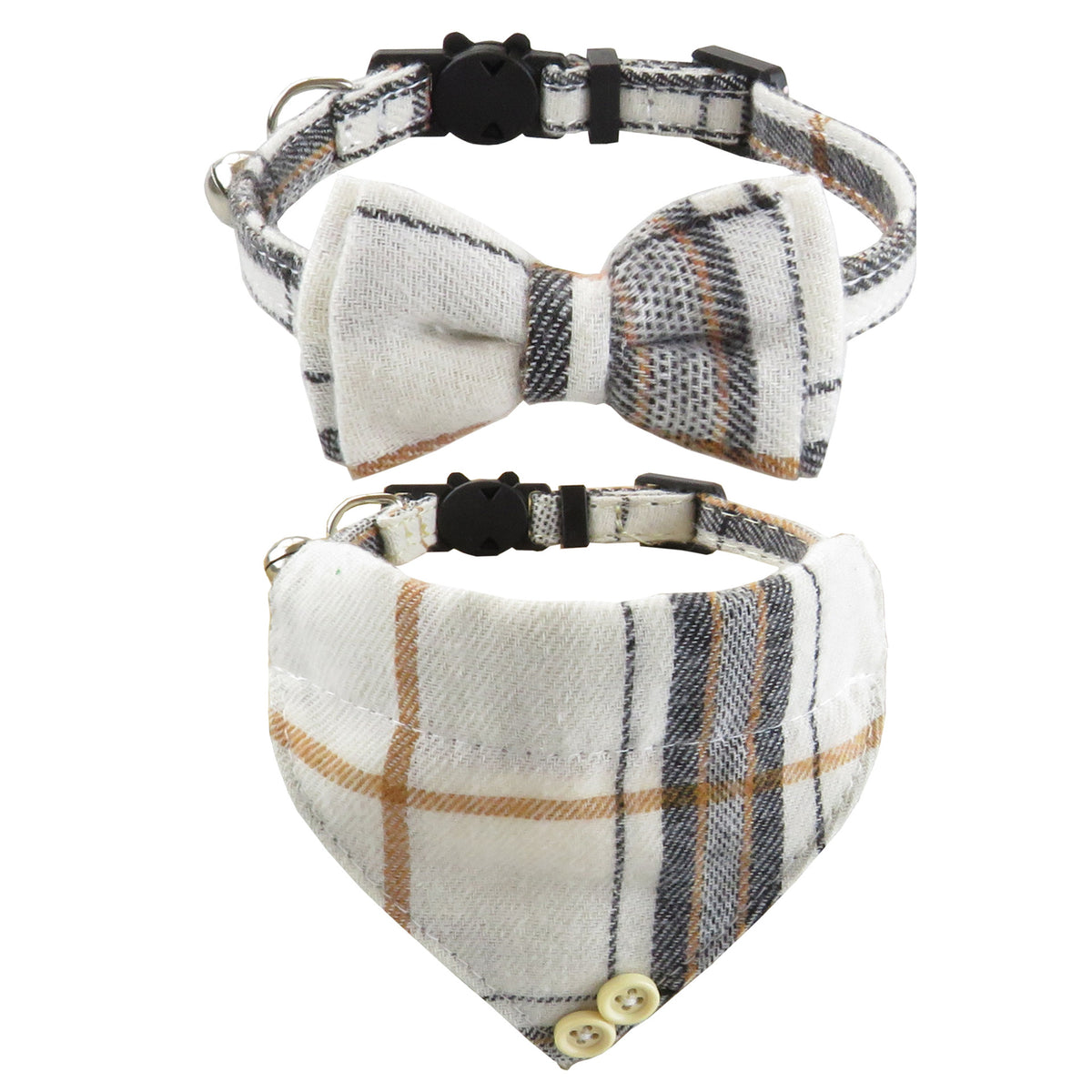 Plaid Cat Collar with Bow Tie or Bandana - White / Bow tie + bandana