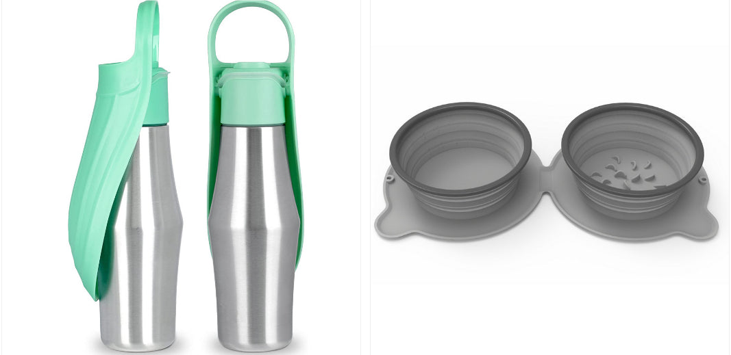 Stainless Steel Dog Water Bottle with Leaf Bowl - Set2