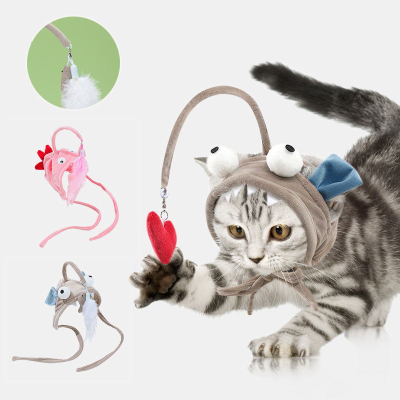 Head-Worn Feather Teaser Hat for Cats