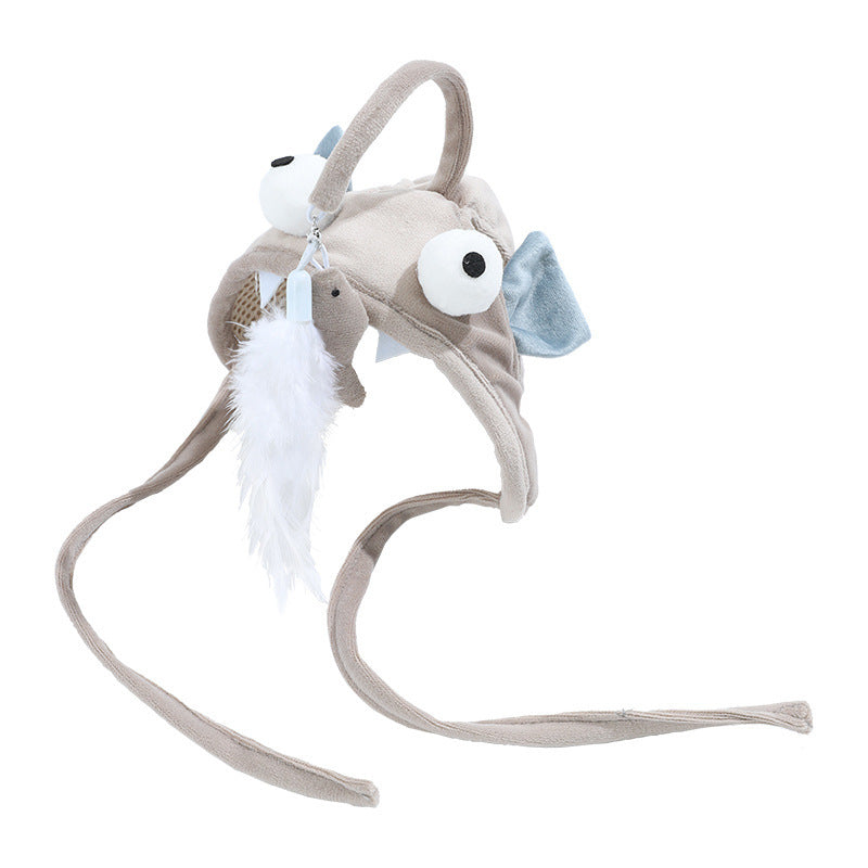 Head-Worn Feather Teaser Hat for Cats - Grey