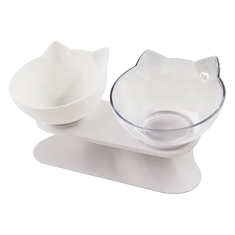 Tilted Cat Ear Pet Bowl - White transparent Double bowl / Q1pcs