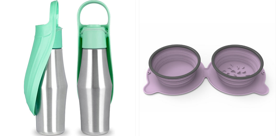 Stainless Steel Dog Water Bottle with Leaf Bowl - Set4