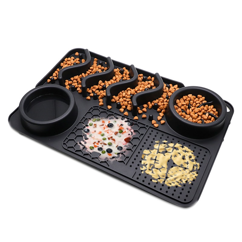 Lick & Slow Feeding Mat with treats and soft food in the lick zones